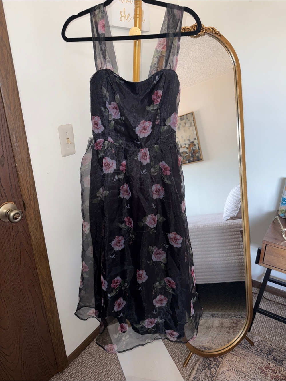 Lulu's Black Mesh Midi Dress with Pink Rose Print